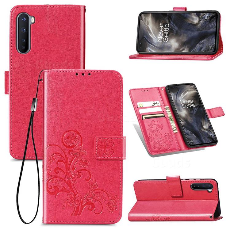 Embossing Imprint Four-Leaf Clover Leather Wallet Case for OnePlus Nord (OnePlus 8 NORD 5G, OnePlus Z) - Rose Red