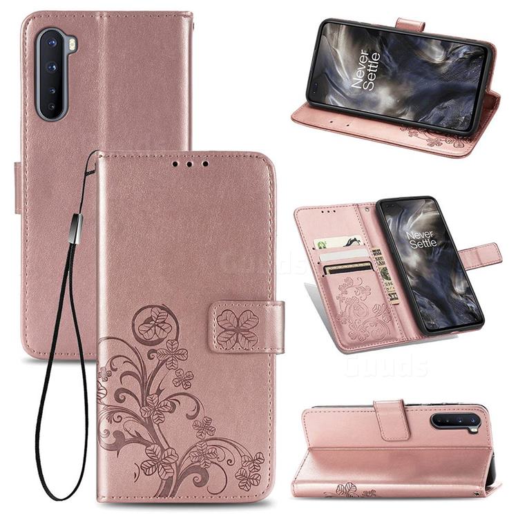 Embossing Imprint Four-Leaf Clover Leather Wallet Case for OnePlus Nord (OnePlus 8 NORD 5G, OnePlus Z) - Rose Gold