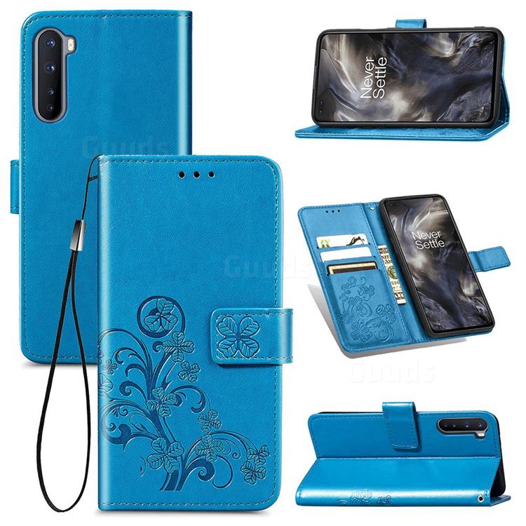 Embossing Imprint Four-Leaf Clover Leather Wallet Case for OnePlus Nord (OnePlus 8 NORD 5G, OnePlus Z) - Blue