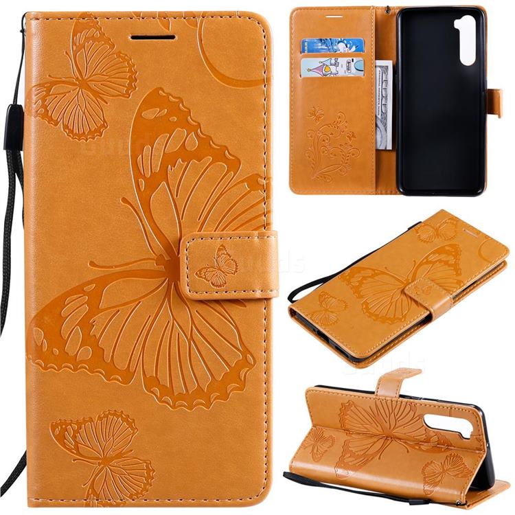 Embossing 3D Butterfly Leather Wallet Case for OnePlus Nord (OnePlus 8 NORD 5G, OnePlus Z) - Yellow