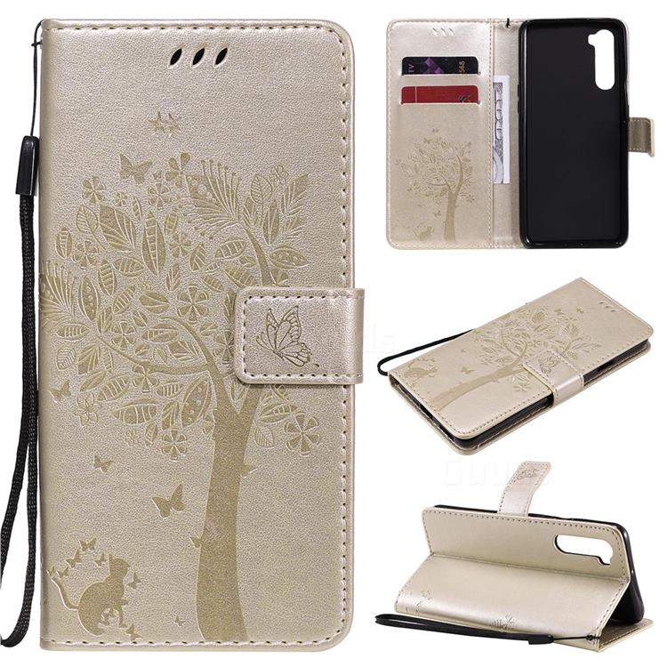 Embossing Butterfly Tree Leather Wallet Case for OnePlus Nord (OnePlus 8 NORD 5G, OnePlus Z) - Champagne