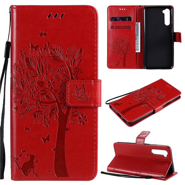 Embossing Butterfly Tree Leather Wallet Case for OnePlus Nord (OnePlus 8 NORD 5G, OnePlus Z) - Red