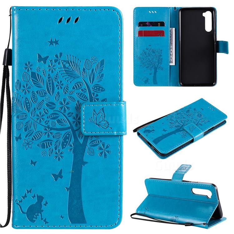 Embossing Butterfly Tree Leather Wallet Case for OnePlus Nord (OnePlus 8 NORD 5G, OnePlus Z) - Blue