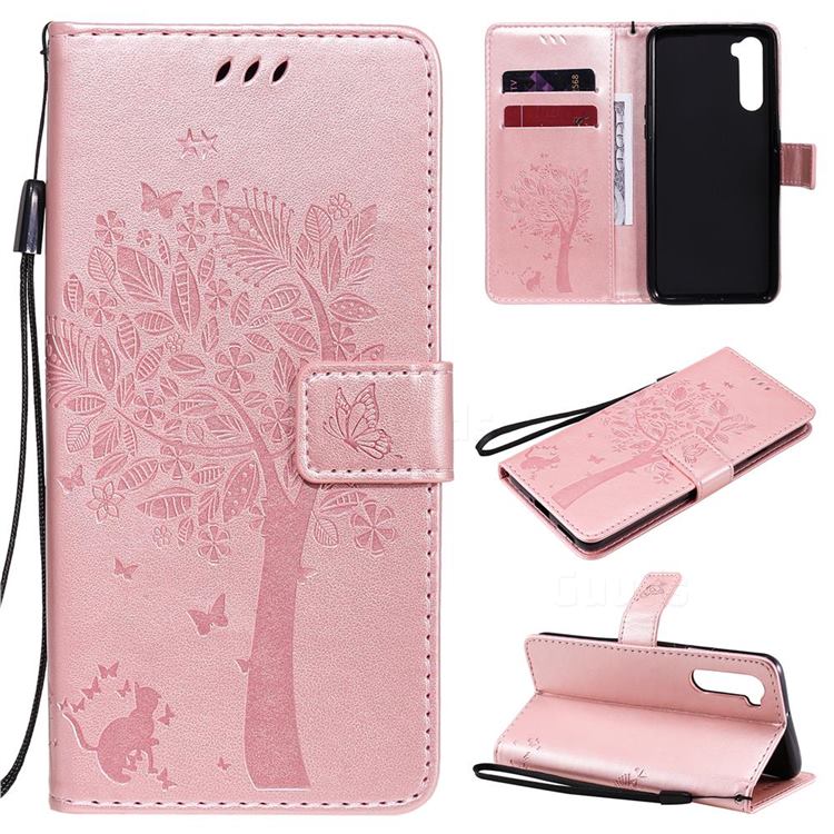 Embossing Butterfly Tree Leather Wallet Case for OnePlus Nord (OnePlus 8 NORD 5G, OnePlus Z) - Rose Pink