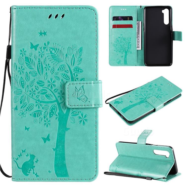 Embossing Butterfly Tree Leather Wallet Case for OnePlus Nord (OnePlus 8 NORD 5G, OnePlus Z) - Cyan