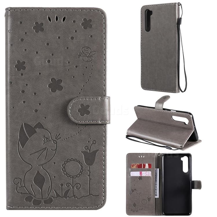 Embossing Bee and Cat Leather Wallet Case for OnePlus Nord (OnePlus 8 NORD 5G, OnePlus Z) - Gray
