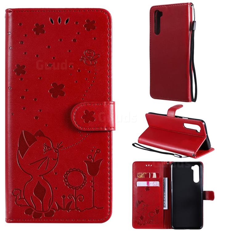 Embossing Bee and Cat Leather Wallet Case for OnePlus Nord (OnePlus 8 NORD 5G, OnePlus Z) - Red
