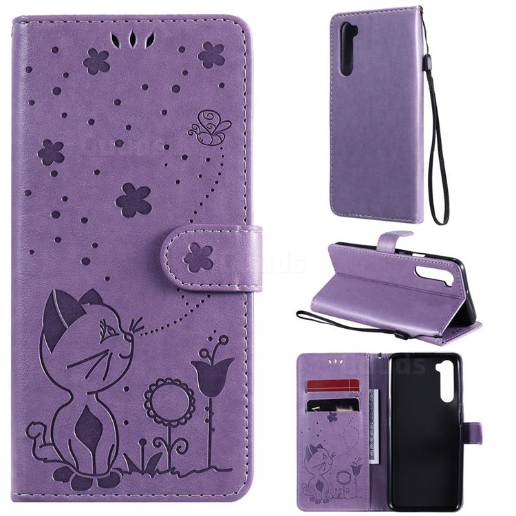 Embossing Bee and Cat Leather Wallet Case for OnePlus Nord (OnePlus 8 NORD 5G, OnePlus Z) - Purple