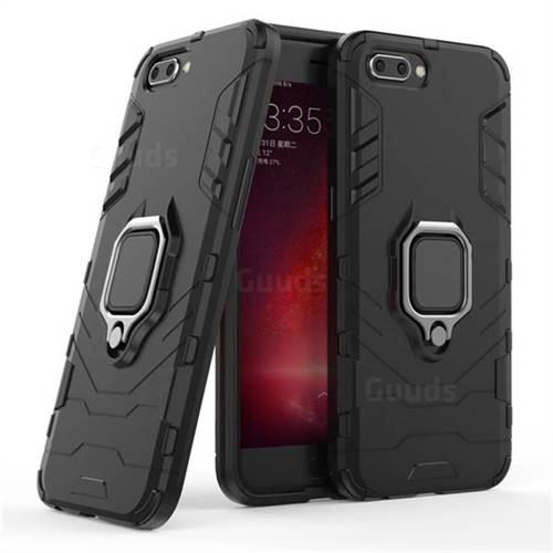 Black Panther Armor Metal Ring Grip Shockproof Dual Layer Rugged Hard Cover for Oppo R11 - Black