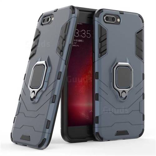 Black Panther Armor Metal Ring Grip Shockproof Dual Layer Rugged Hard Cover for Oppo R11 - Blue