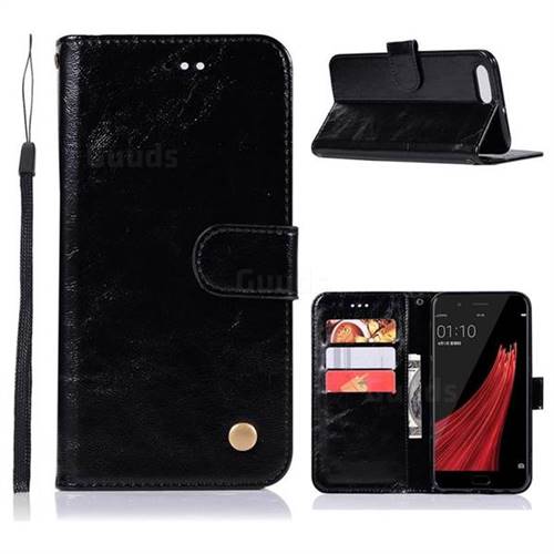 Luxury Retro Leather Wallet Case for Oppo R11 - Black