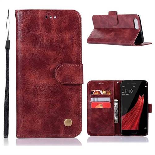 Luxury Retro Leather Wallet Case for Oppo R11 - Wine Red