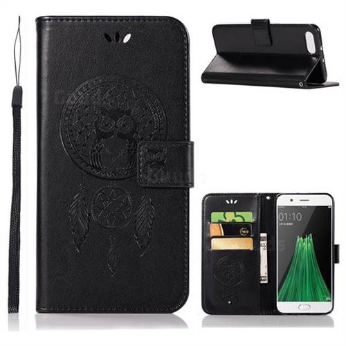 Intricate Embossing Owl Campanula Leather Wallet Case for Oppo R11 - Black