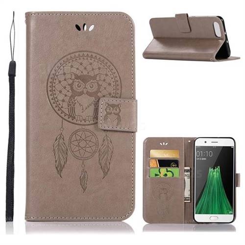 Intricate Embossing Owl Campanula Leather Wallet Case for Oppo R11 - Grey