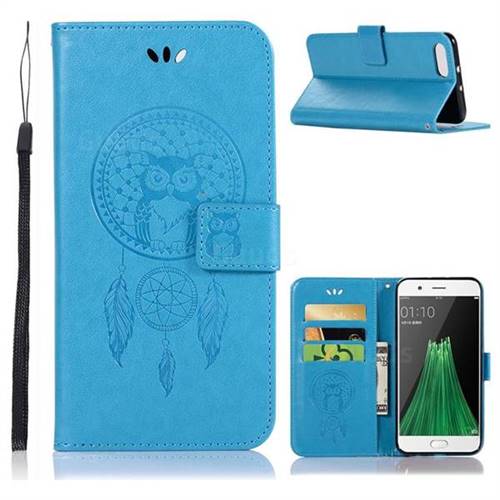 Intricate Embossing Owl Campanula Leather Wallet Case for Oppo R11 - Blue