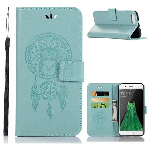 Intricate Embossing Owl Campanula Leather Wallet Case for Oppo R11 - Green