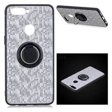 Luxury Mosaic Metal Silicone Invisible Ring Holder Soft Phone Case for Oppo R11s - Titanium Silver