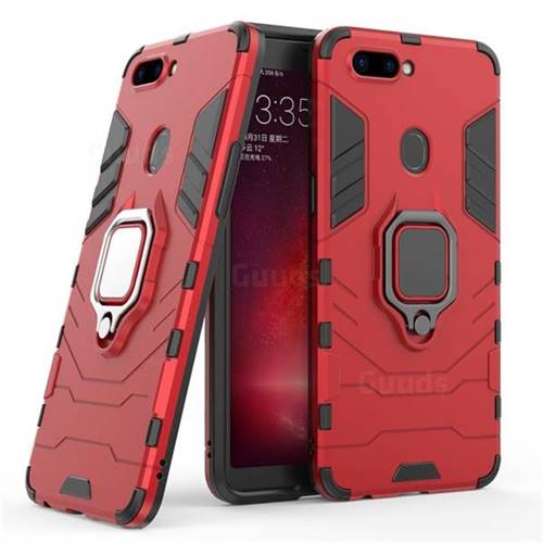 Black Panther Armor Metal Ring Grip Shockproof Dual Layer Rugged Hard Cover for Oppo R11s - Red