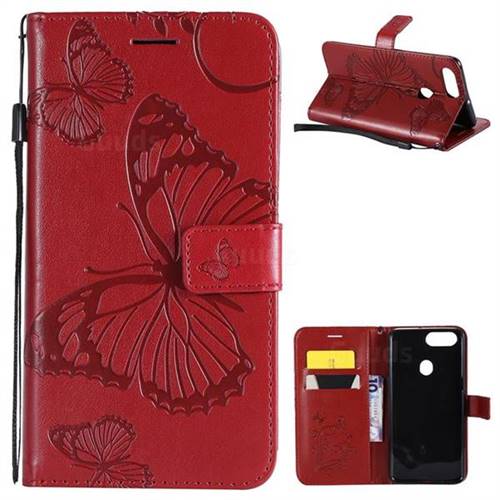 Embossing 3D Butterfly Leather Wallet Case for Oppo R11s - Red