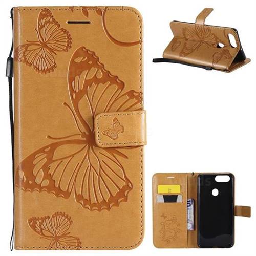 Embossing 3D Butterfly Leather Wallet Case for Oppo R11s - Yellow