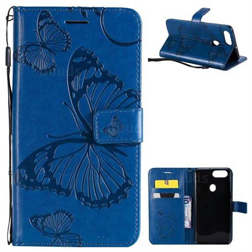 Embossing 3D Butterfly Leather Wallet Case for Oppo R11s - Blue