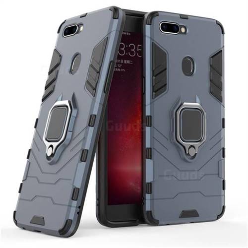 Black Panther Armor Metal Ring Grip Shockproof Dual Layer Rugged Hard Cover for Oppo R11s Plus - Blue