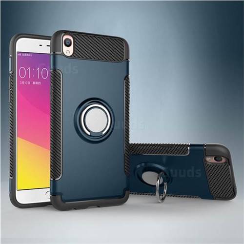 Armor Anti Drop Carbon PC + Silicon Invisible Ring Holder Phone Case for Oppo R9 - Navy