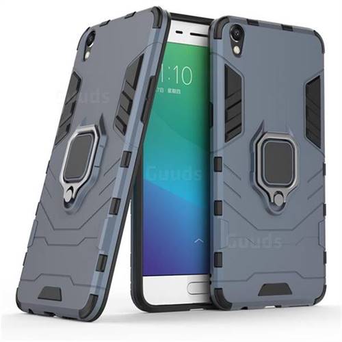 Black Panther Armor Metal Ring Grip Shockproof Dual Layer Rugged Hard Cover for Oppo R9 Plus - Blue