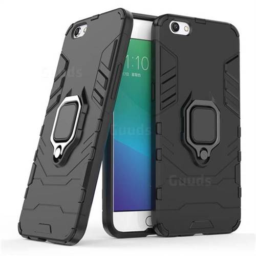 Black Panther Armor Metal Ring Grip Shockproof Dual Layer Rugged Hard Cover for Oppo R9s - Black
