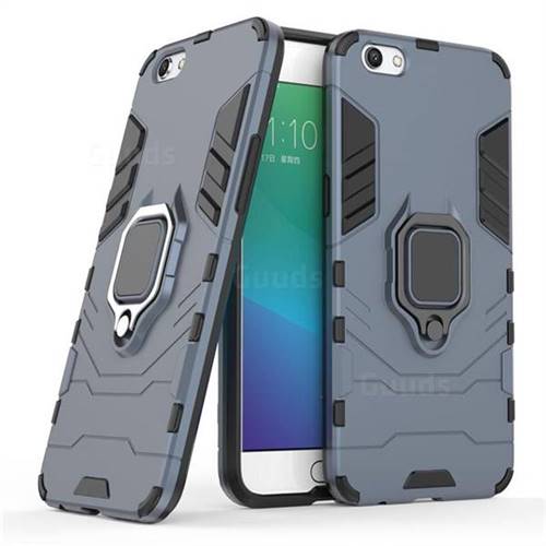 Black Panther Armor Metal Ring Grip Shockproof Dual Layer Rugged Hard Cover for Oppo R9s - Blue