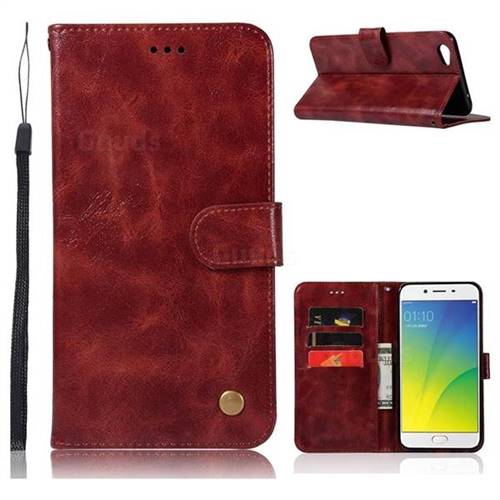 Luxury Retro Leather Wallet Case for Oppo R9s - Wine Red
