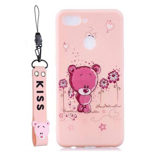 Pink Flower Bear Soft Kiss Candy Hand Strap Silicone Case for Oppo Realme 2