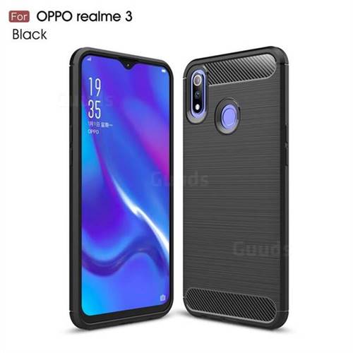 Luxury Carbon Fiber Brushed Wire Drawing Silicone TPU Back Cover for Oppo Realme 3 - Black