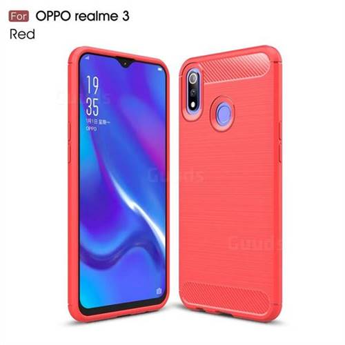 Luxury Carbon Fiber Brushed Wire Drawing Silicone TPU Back Cover for Oppo Realme 3 - Red