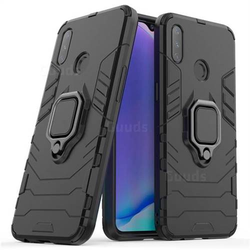 Black Panther Armor Metal Ring Grip Shockproof Dual Layer Rugged Hard Cover for Oppo Realme 3 - Black