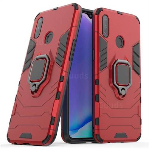 Black Panther Armor Metal Ring Grip Shockproof Dual Layer Rugged Hard Cover for Oppo Realme 3 - Red