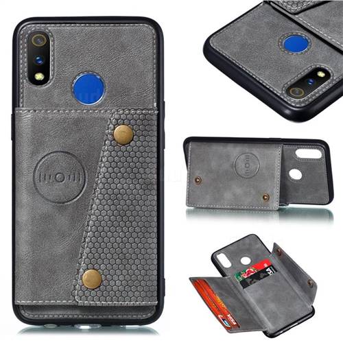 Retro Multifunction Card Slots Stand Leather Coated Phone Back Cover for Oppo Realme 3 - Gray