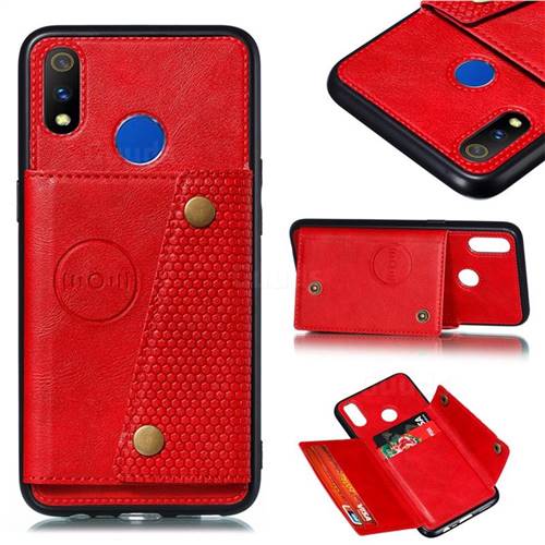 Retro Multifunction Card Slots Stand Leather Coated Phone Back Cover for Oppo Realme 3 - Red