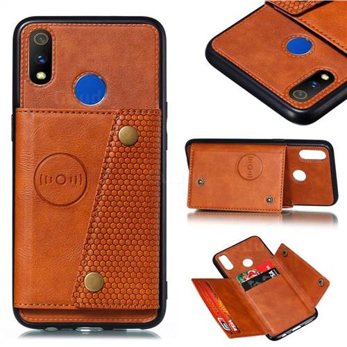 Retro Multifunction Card Slots Stand Leather Coated Phone Back Cover for Oppo Realme 3 - Brown