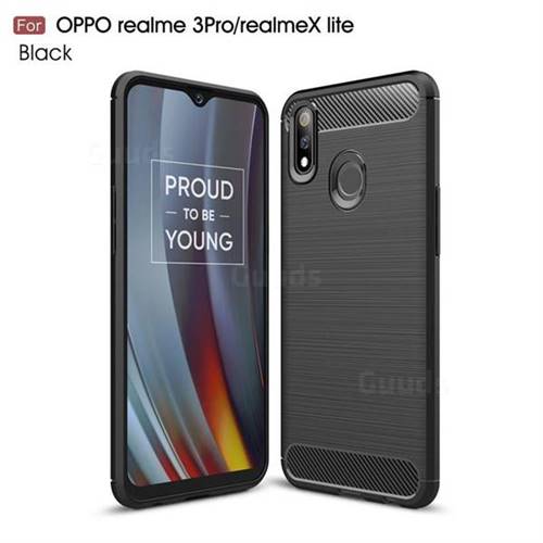 Luxury Carbon Fiber Brushed Wire Drawing Silicone TPU Back Cover for Oppo Realme 3 Pro - Black