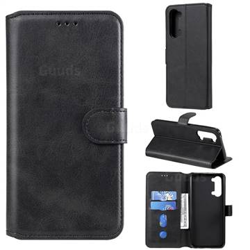 Retro Calf Matte Leather Wallet Phone Case for Oppo Reno 3 - Black
