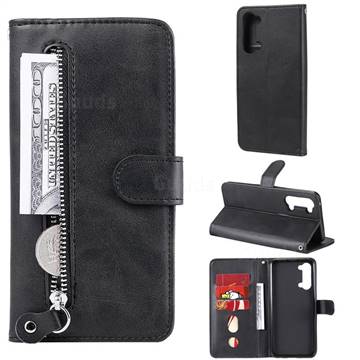 Retro Luxury Zipper Leather Phone Wallet Case for Oppo Reno 3 - Black