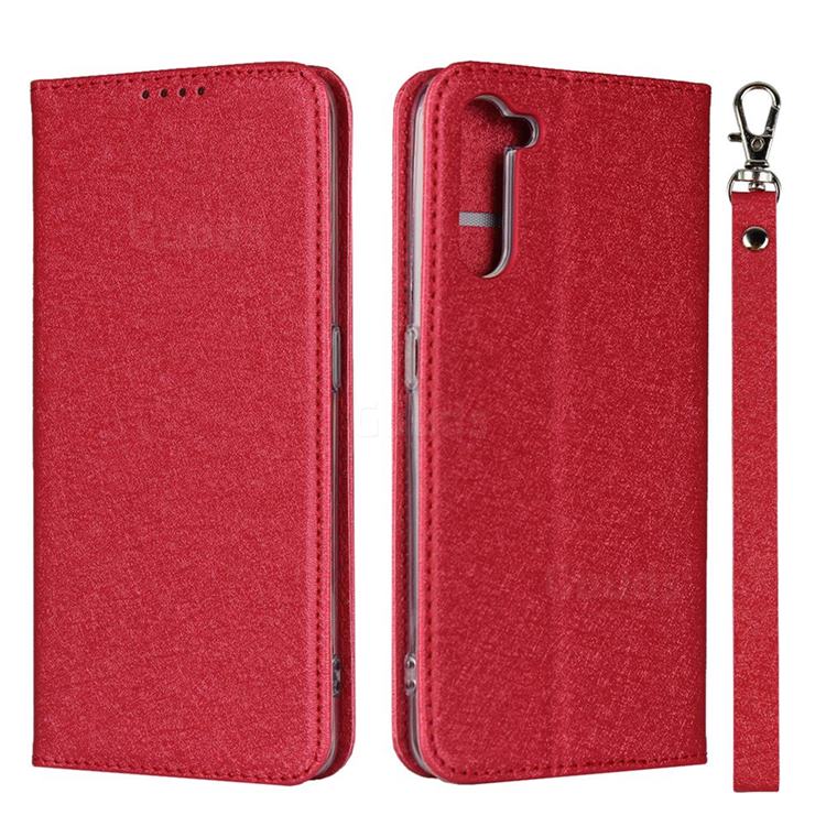 Ultra Slim Magnetic Automatic Suction Silk Lanyard Leather Flip Cover for Oppo Reno 3A - Red
