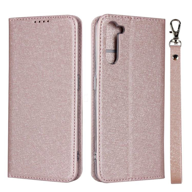 Ultra Slim Magnetic Automatic Suction Silk Lanyard Leather Flip Cover for Oppo Reno 3A - Rose Gold