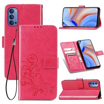 Embossing Imprint Four-Leaf Clover Leather Wallet Case for Oppo Reno4 - Rose Red