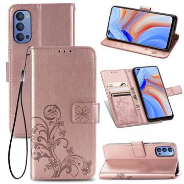Embossing Imprint Four-Leaf Clover Leather Wallet Case for Oppo Reno4 - Rose Gold