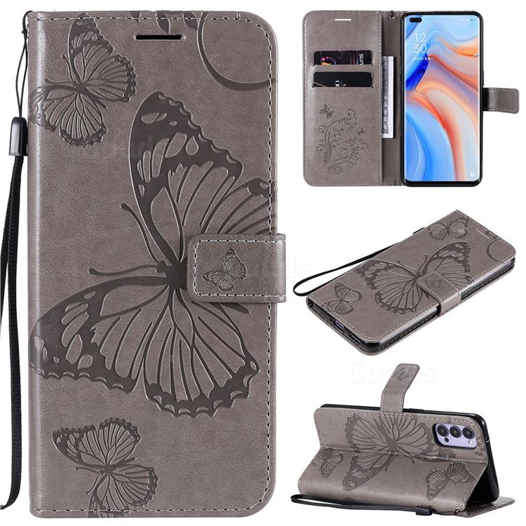 Embossing 3D Butterfly Leather Wallet Case for Oppo Reno4 5G - Gray