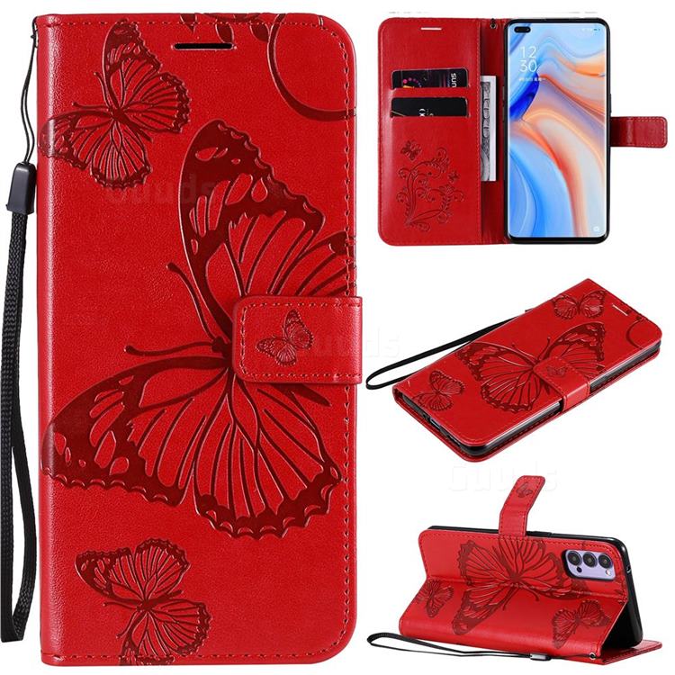 Embossing 3D Butterfly Leather Wallet Case for Oppo Reno4 5G - Red