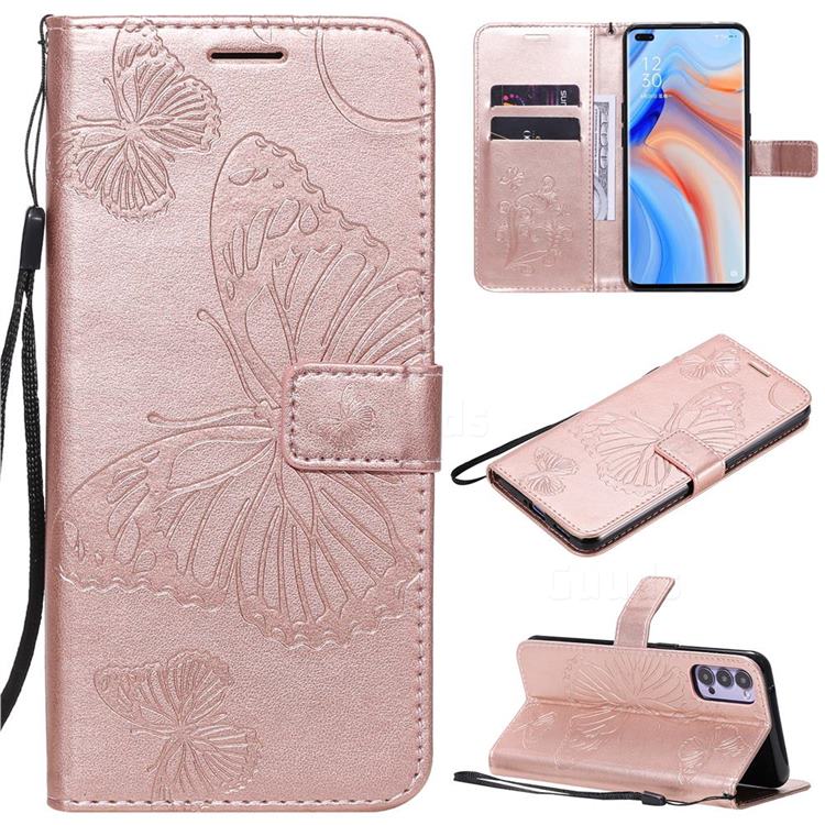 Embossing 3D Butterfly Leather Wallet Case for Oppo Reno4 5G - Rose Gold