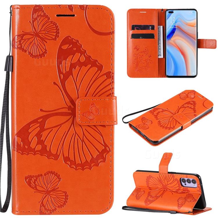 Embossing 3D Butterfly Leather Wallet Case for Oppo Reno4 5G - Orange